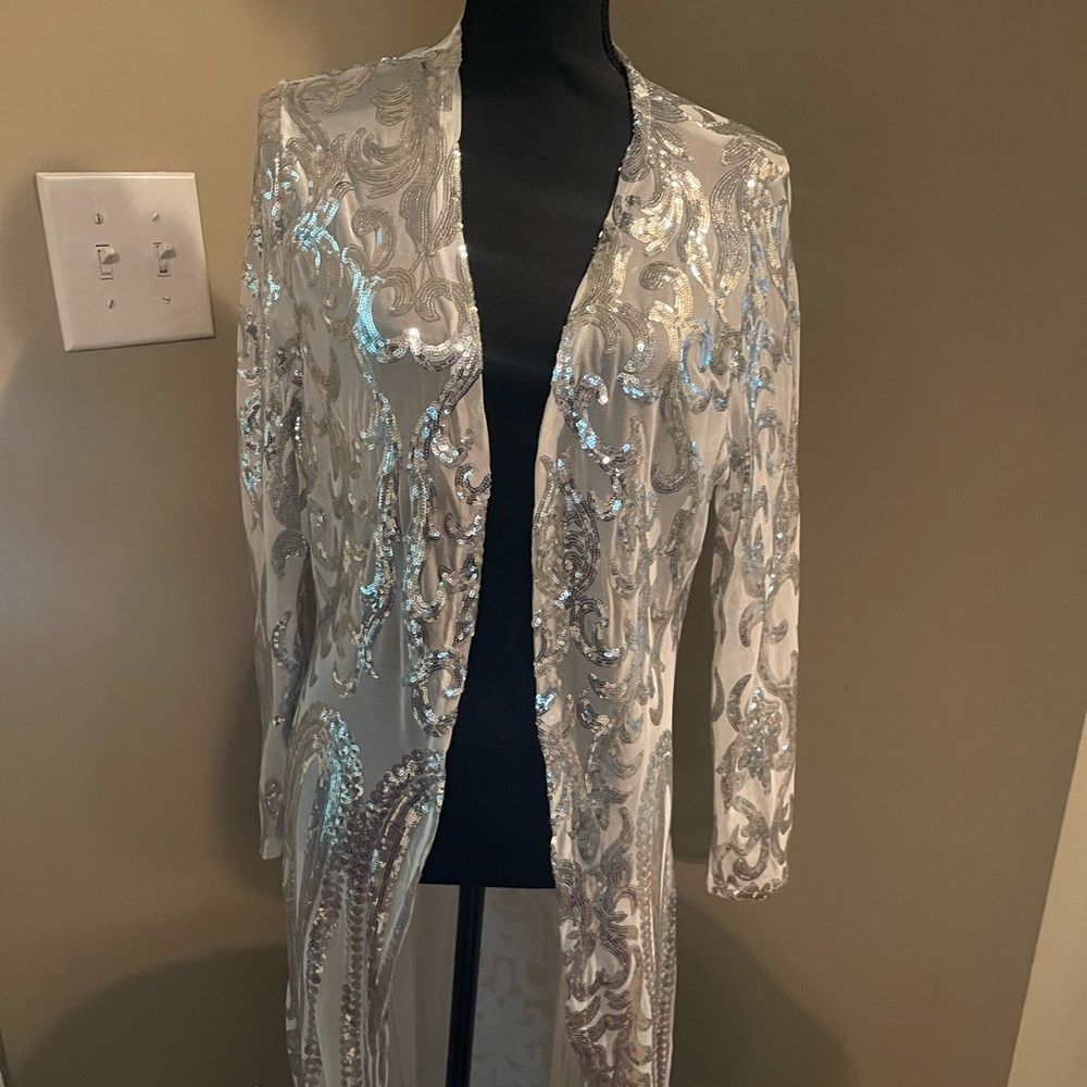 White, mesh net material.  Silver embellishments duster.